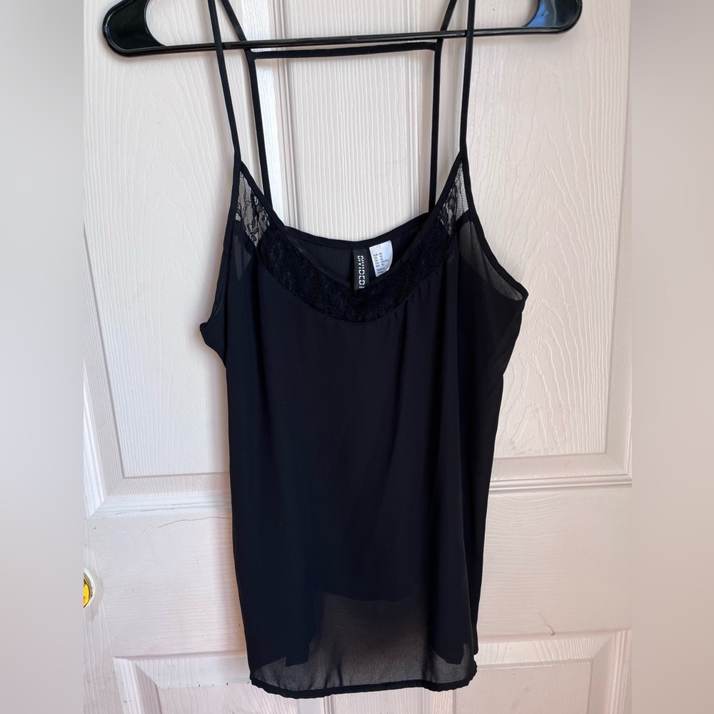 Sheer Black Lace Trim Cami Top